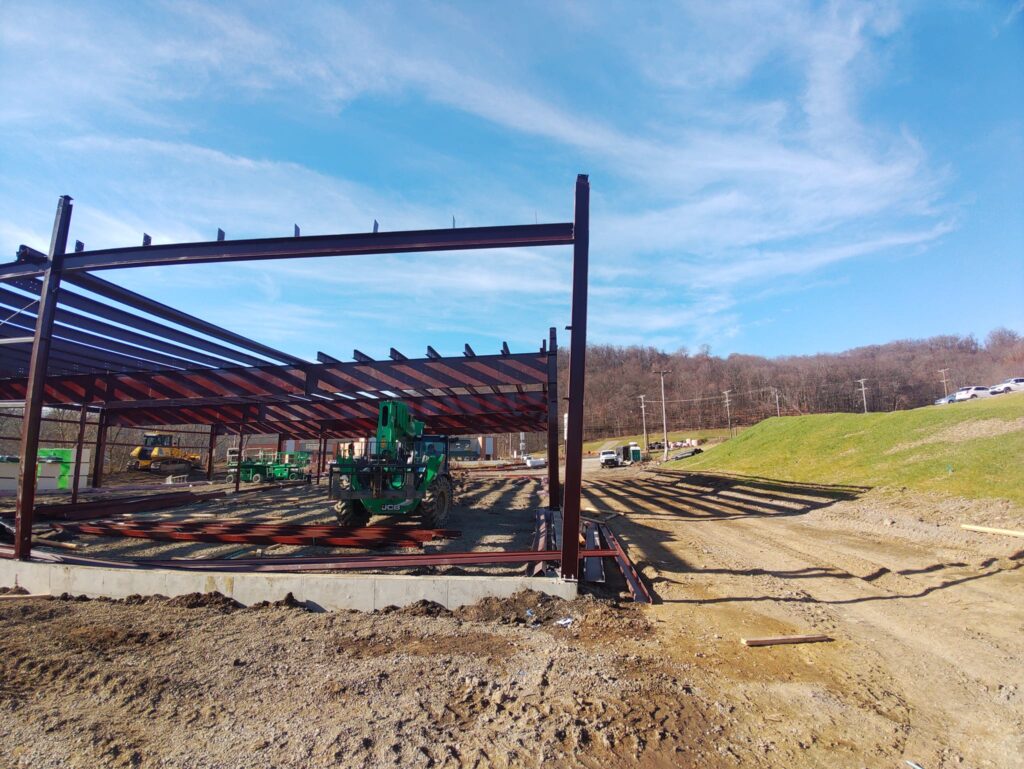 Structural steel frame construction for large commercial building in Pennsylvania