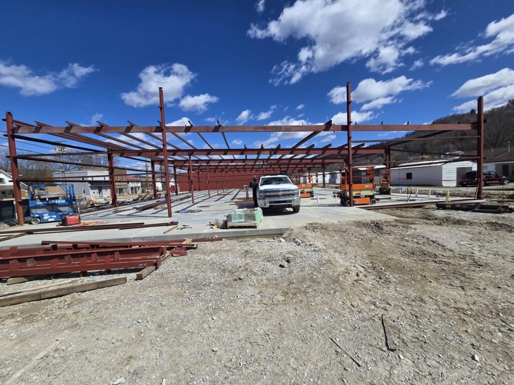 Commercial structural steel building frame under construction