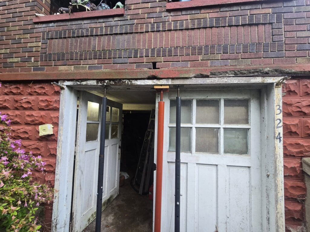 Temporary structural steel supports installed for building reinforcement in Pennsylvania